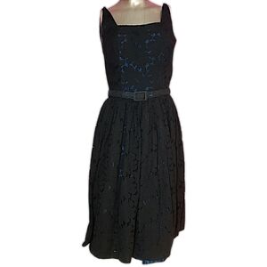 Vintage 50s 60s Jane Compton black floral lace dress with belt(see measurements)